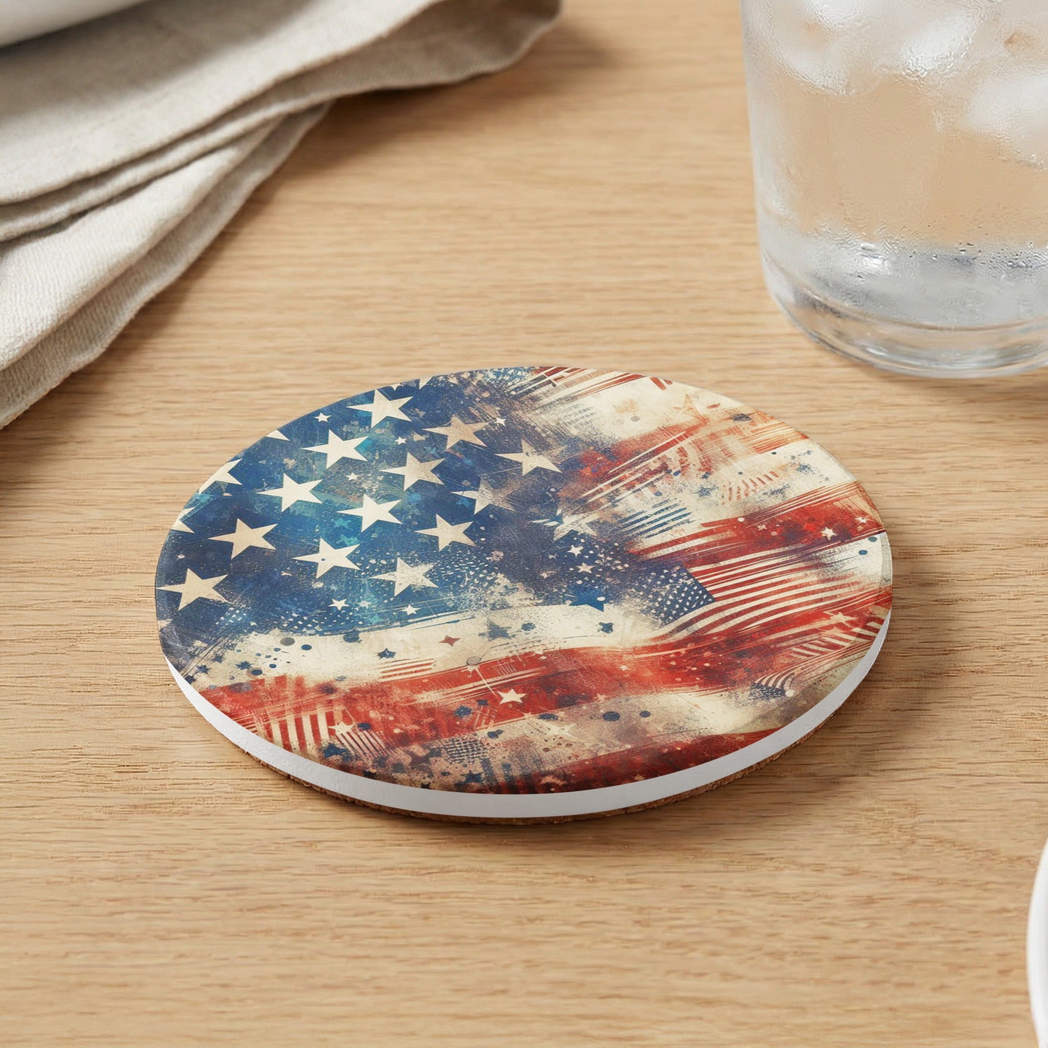 Round coaster with distressed American flag design.